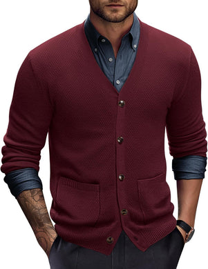Men's Wine Knit V Neck Button Down Long Sleeve Cardigan Sweater