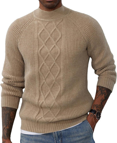 Men's Mock Khaki Cable Knit Twisted Long Sleeve Sweater