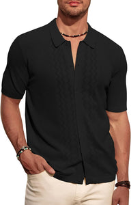 Men's Beige Polo Style Textured Short Sleeve Shirt