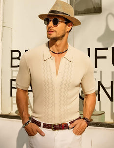 Men's Beige Polo Style Textured Short Sleeve Shirt