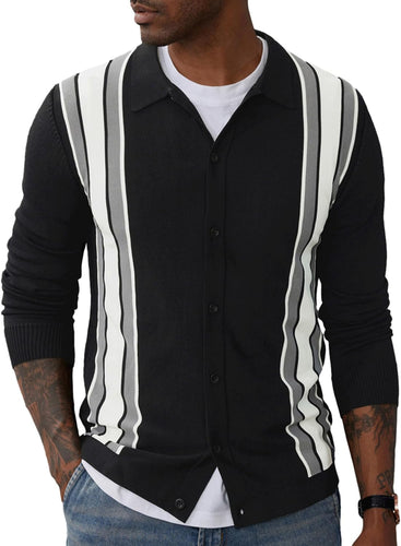 Men's Vintage Style Retro Black Striped Long Sleeve Cardigan Sweater