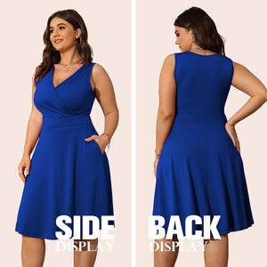 Plus Size Blue V Cut Sleeveless A Line Mini Dress