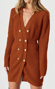 Chestnut Brown Button Down Knit Long Sleeve Sweater Dress