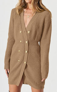Classic Beige Button Down Knit Long Sleeve Sweater Dress