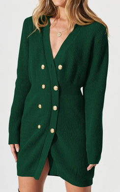 Classic Hunter Green Button Down Knit Long Sleeve Sweater Dress