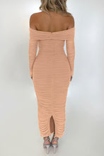 Load image into Gallery viewer, Sophistcated Nude Pink Off Shoulder Ruched Long Sleeve Maxi Dress