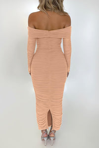 Sophistcated Nude Pink Off Shoulder Ruched Long Sleeve Maxi Dress