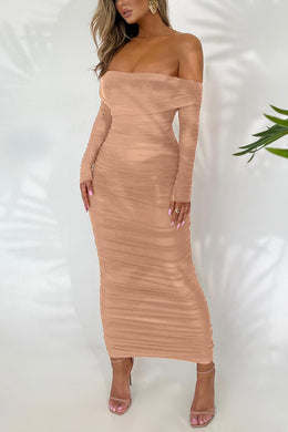 Sophistcated Nude Pink Off Shoulder Ruched Long Sleeve Maxi Dress