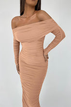 Load image into Gallery viewer, Sophistcated Red Off Shoulder Ruched Long Sleeve Maxi Dress