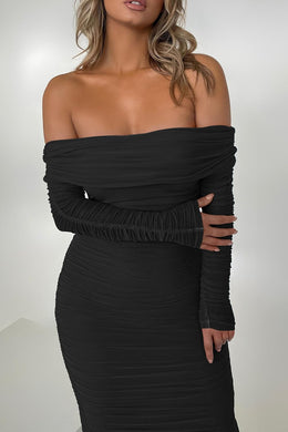 Sophistcated Black Off Shoulder Ruched Long Sleeve Maxi Dress