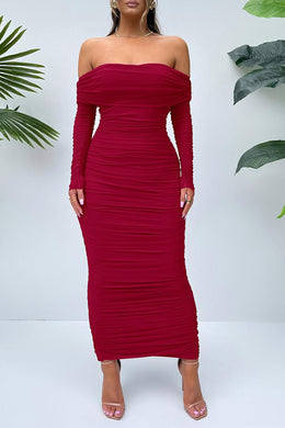 Sophistcated Red Off Shoulder Ruched Long Sleeve Maxi Dress