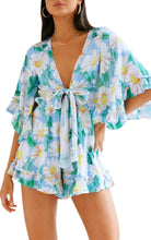 Load image into Gallery viewer, Floral Green/Yellow Ruffle Sleeve Tie Front Shorts Romper