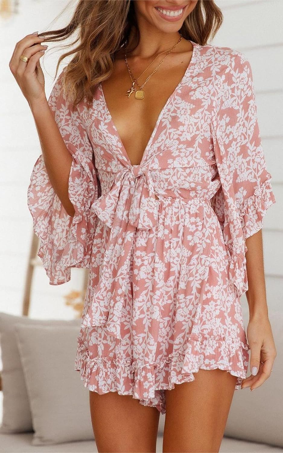 Floral Pink Ruffle Sleeve Tie Front Shorts Romper