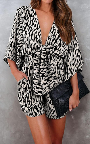 Floral Black Print Ruffle Sleeve Tie Front Shorts Romper