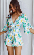 Load image into Gallery viewer, Floral Green/Yellow Ruffle Sleeve Tie Front Shorts Romper