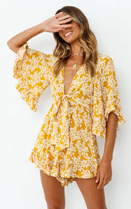 Yellow Floral Print Ruffle Sleeve Tie Front Shorts Romper