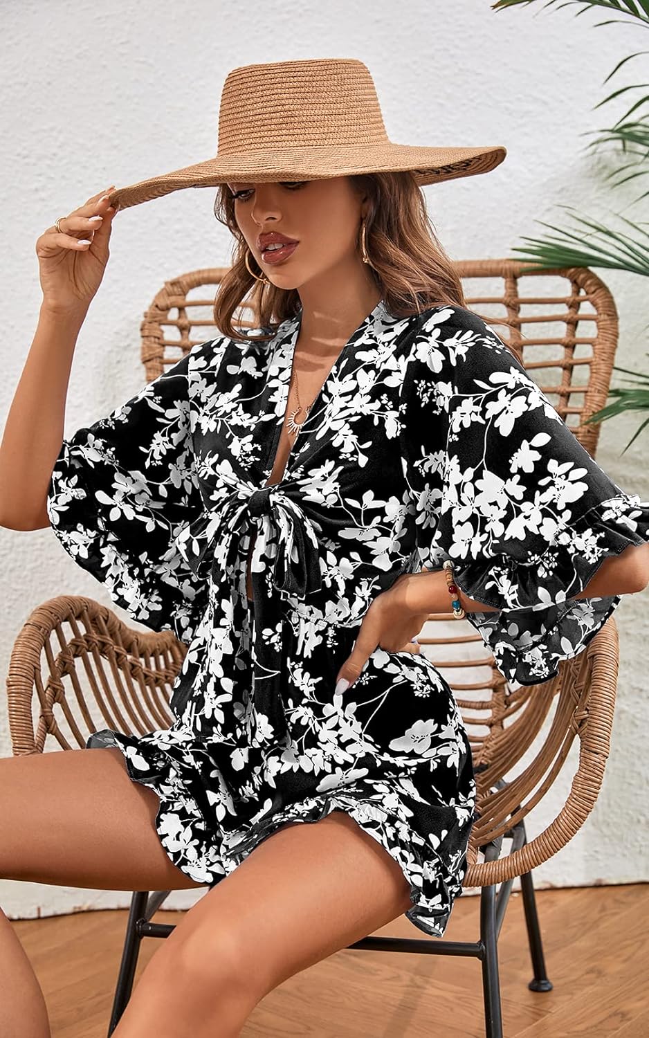 Floral Black Ruffle Sleeve Tie Front Shorts Romper