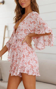 Floral Pink Ruffle Sleeve Tie Front Shorts Romper