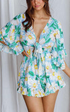 Load image into Gallery viewer, Floral Green/Yellow Ruffle Sleeve Tie Front Shorts Romper