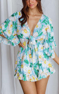 Floral Green/Yellow Ruffle Sleeve Tie Front Shorts Romper