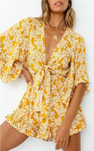 Load image into Gallery viewer, Yellow Floral Print Ruffle Sleeve Tie Front Shorts Romper