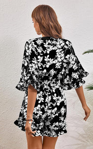 Floral Black Print Ruffle Sleeve Tie Front Shorts Romper