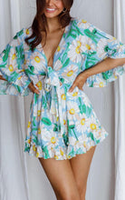 Load image into Gallery viewer, Floral Green/Yellow Ruffle Sleeve Tie Front Shorts Romper