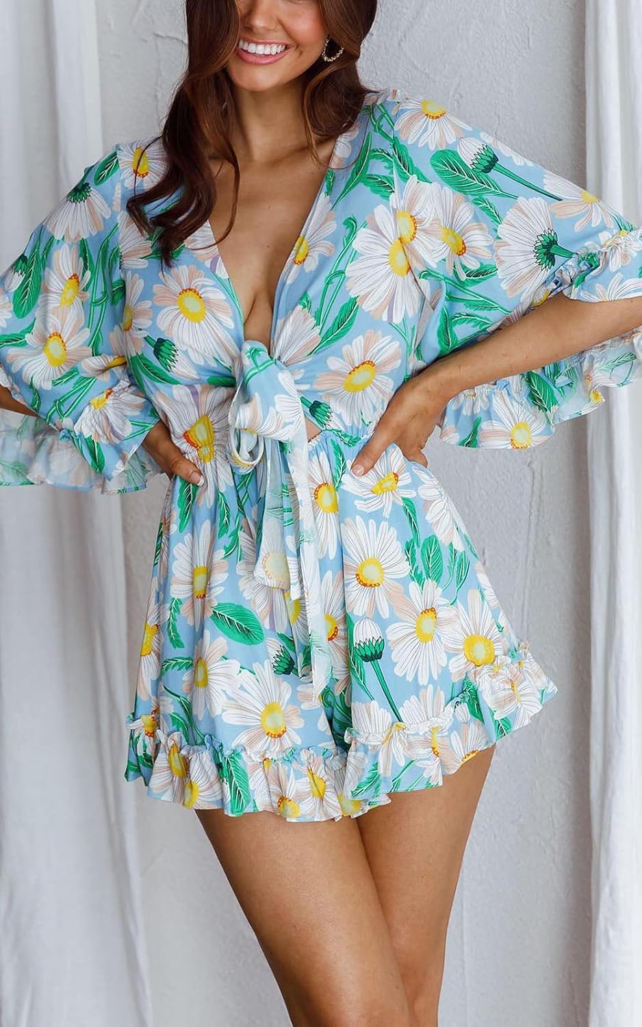 Floral Green/Yellow Ruffle Sleeve Tie Front Shorts Romper