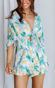 Floral Green/Yellow Ruffle Sleeve Tie Front Shorts Romper