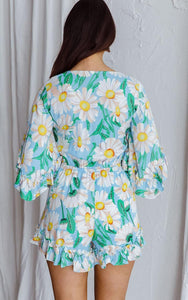 Floral Green/Yellow Ruffle Sleeve Tie Front Shorts Romper