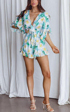 Load image into Gallery viewer, Floral Green/Yellow Ruffle Sleeve Tie Front Shorts Romper