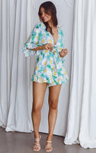 Load image into Gallery viewer, Floral Green/Yellow Ruffle Sleeve Tie Front Shorts Romper