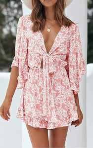 Floral Pink Ruffle Sleeve Tie Front Shorts Romper