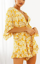 Load image into Gallery viewer, Yellow Floral Print Ruffle Sleeve Tie Front Shorts Romper