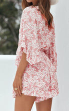 Load image into Gallery viewer, Floral Pink Ruffle Sleeve Tie Front Shorts Romper