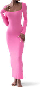 Chic Textured Pink Long Sleeve Knot Maxi Dress