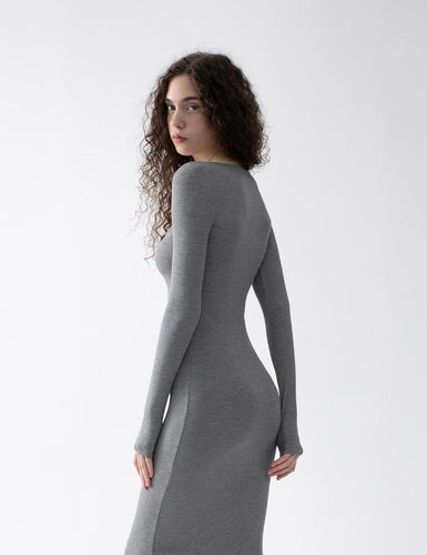 Chic Textured Grey Long Sleeve Knot Maxi Dress