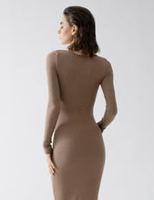 Load image into Gallery viewer, Chic Textured Mocha Long Sleeve Knot Maxi Dress