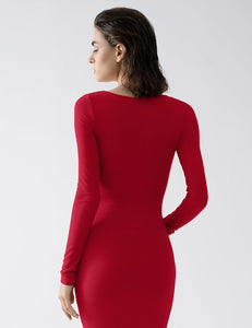 Chic Textured Red Long Sleeve Knot Maxi Dress