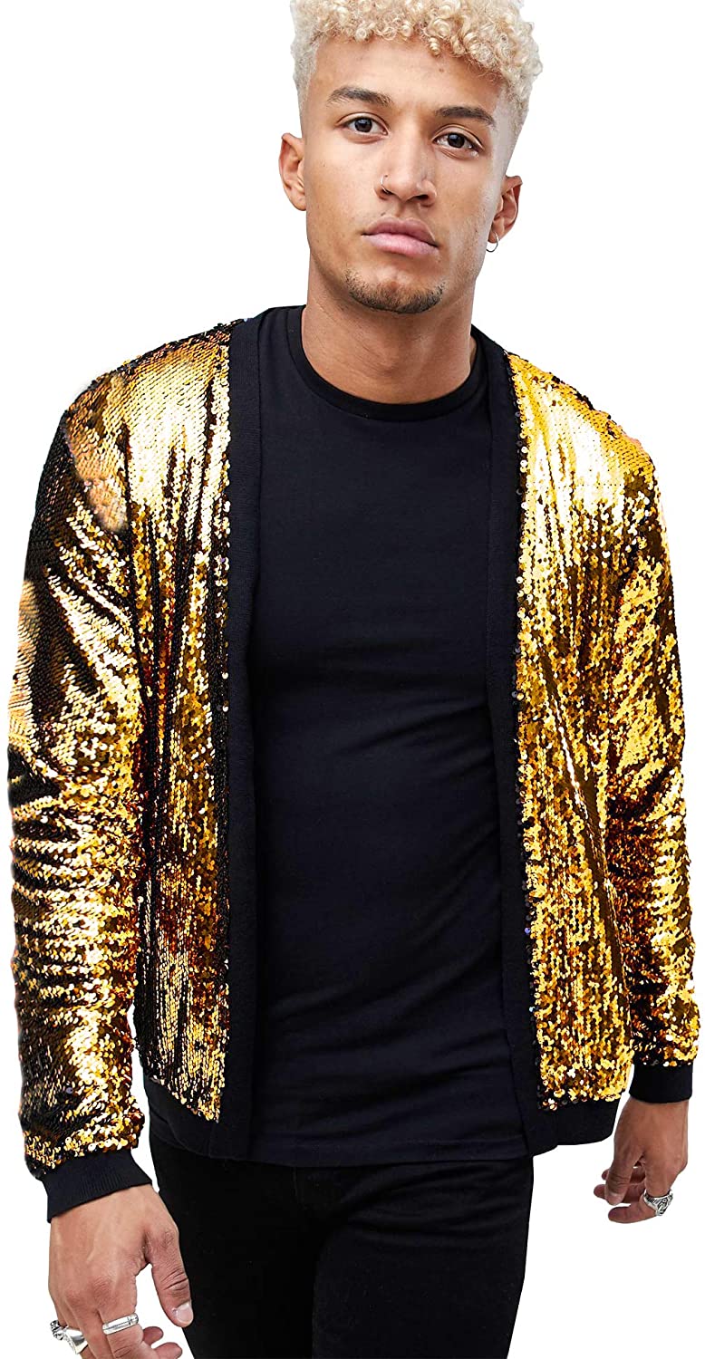 Men's Gold Sparkle Sequin Open Front Long Sleeve Jacket