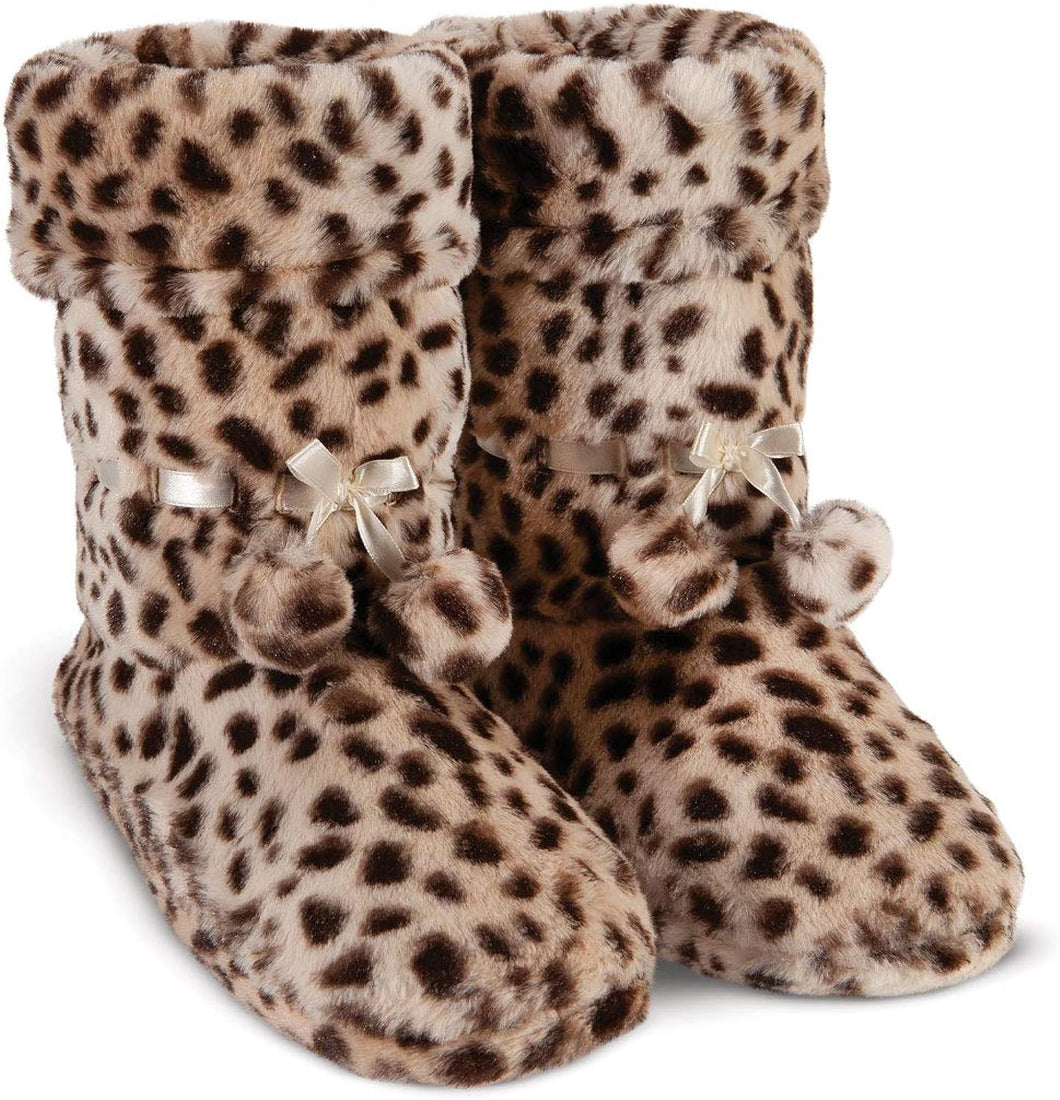 Winter Leopard Brown Fuzzy Pom Pom Bootie Slippers