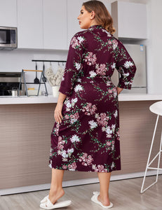 Burgundy Floral Plus Size Soft Knit Kimono Robe