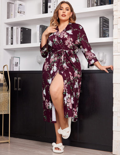 Burgundy Floral Plus Size Soft Knit Kimono Robe