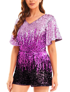 Dark Purple Sequin Sparkle Ruffle Sleeve Shorts Romper