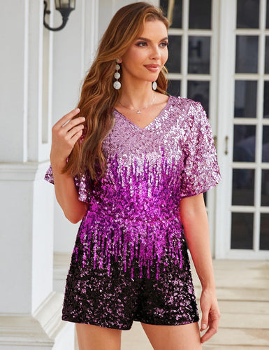 Dark Purple Sequin Sparkle Ruffle Sleeve Shorts Romper