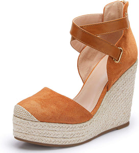 Beige Suede Wedge Ankle Strap Closed Toe Sandalse