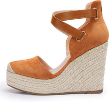 Load image into Gallery viewer, Brown Suede Wedge Ankle Strap Closed Toe Sandalse