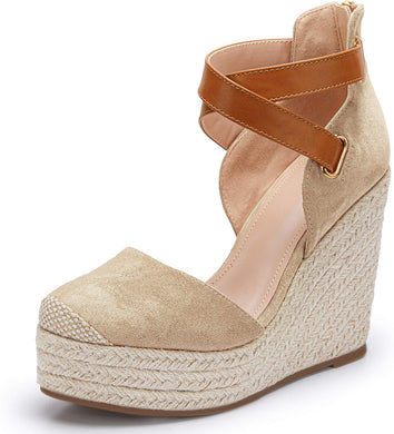 Beige Suede Wedge Ankle Strap Closed Toe Sandalse