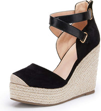 Load image into Gallery viewer, Black Suede Wedge Ankle Strap Closed Toe Sandals