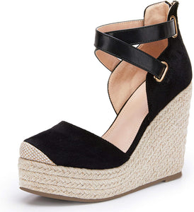 Grey Suede Wedge Ankle Strap Closed Toe Sandals